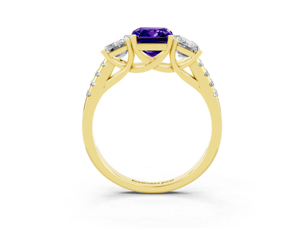 Yellow gold Three-Stone Emerald Cut Tanzanite Ring with Round  Pavé Band and Prong Setting