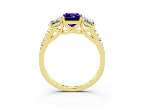 Yellow gold Three-Stone Emerald Cut Tanzanite Ring with Pavé Band and Prong Setting_15