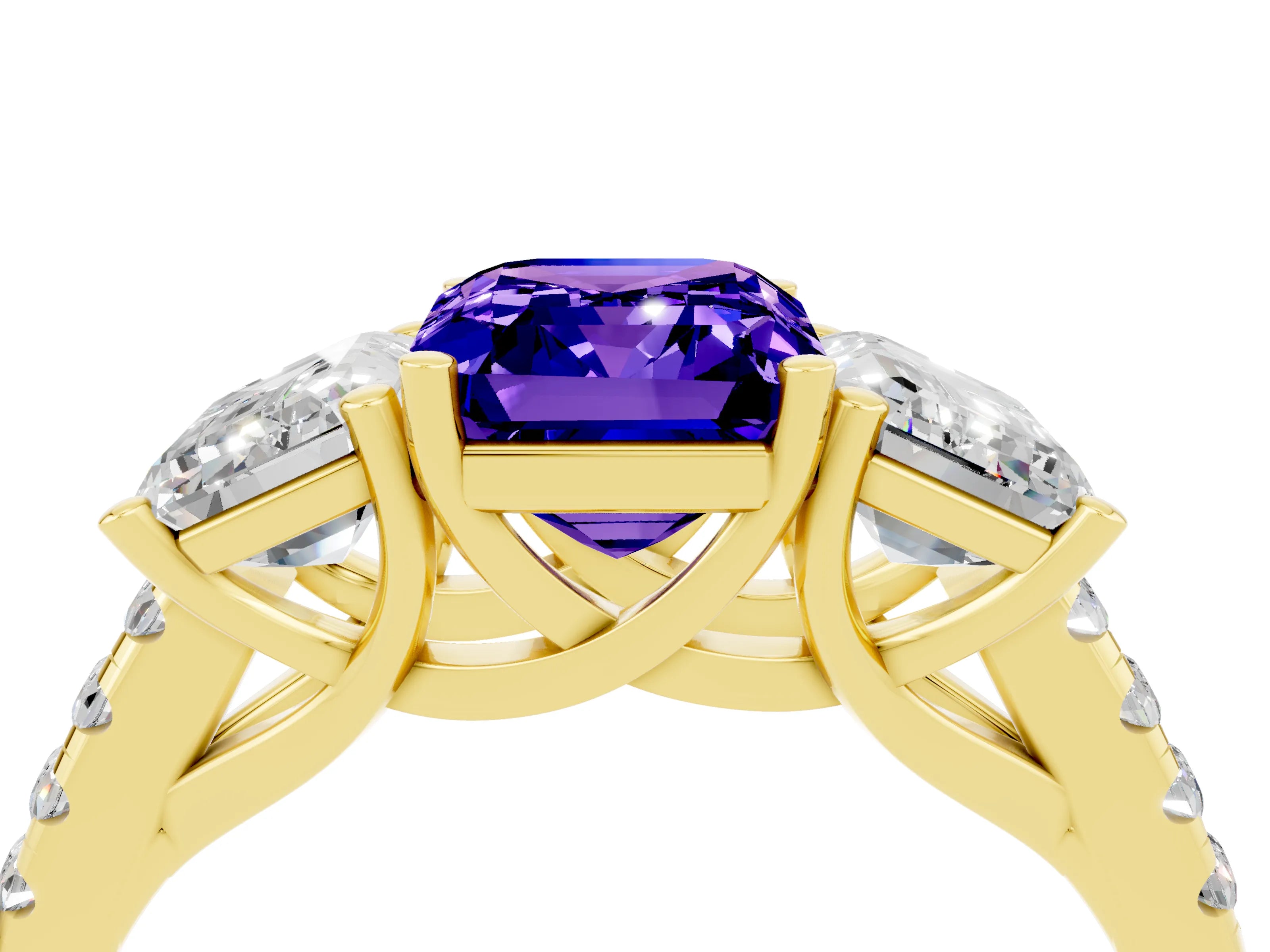 Yellow gold Three-Stone Emerald Cut Tanzanite Ring with Pavé Band and Prong Setting_16