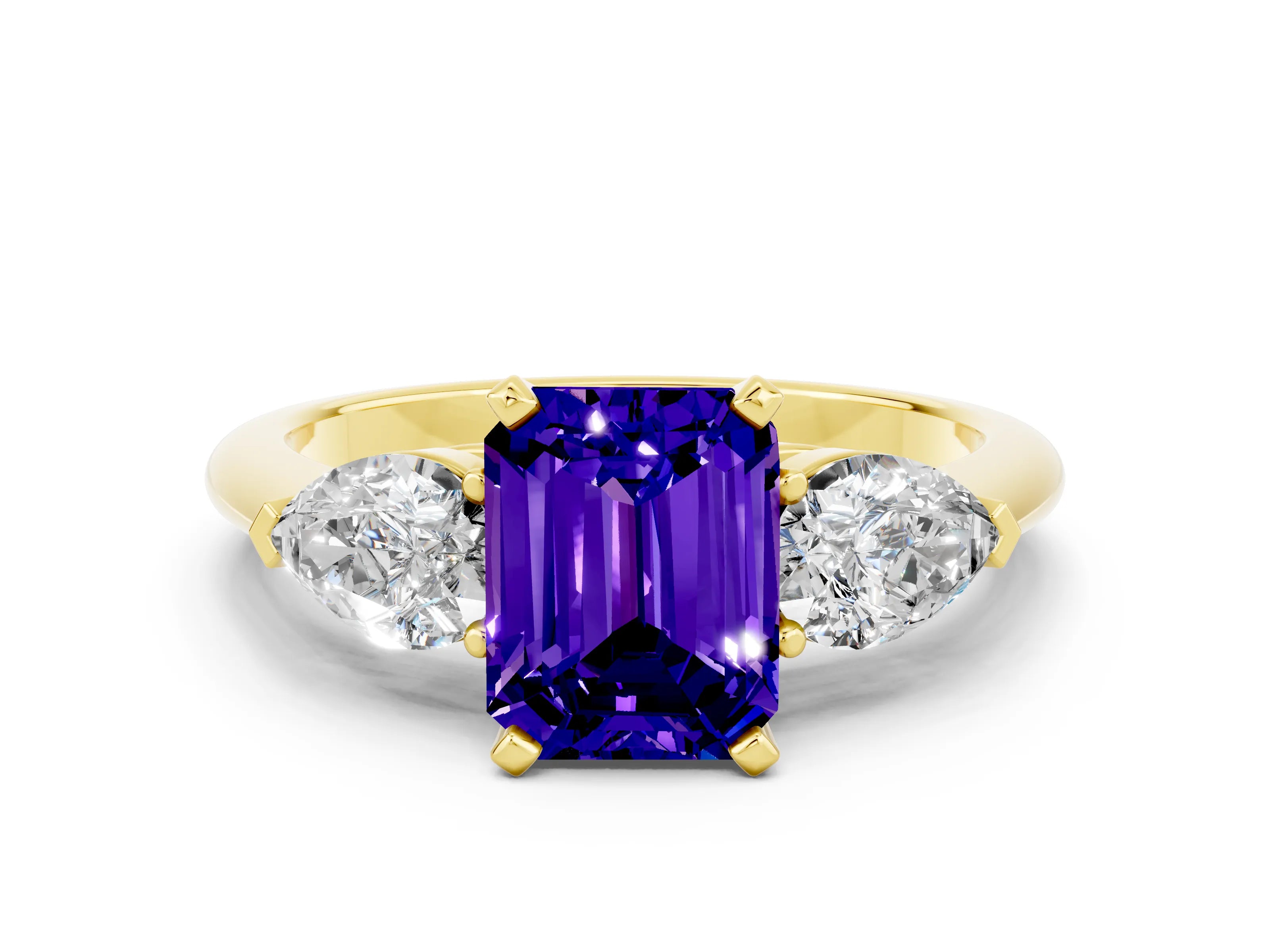 Yellow gold Three-Stone Emerald Cut Tanzanite Ring with Pear Side Stones and Four-Prong Setting