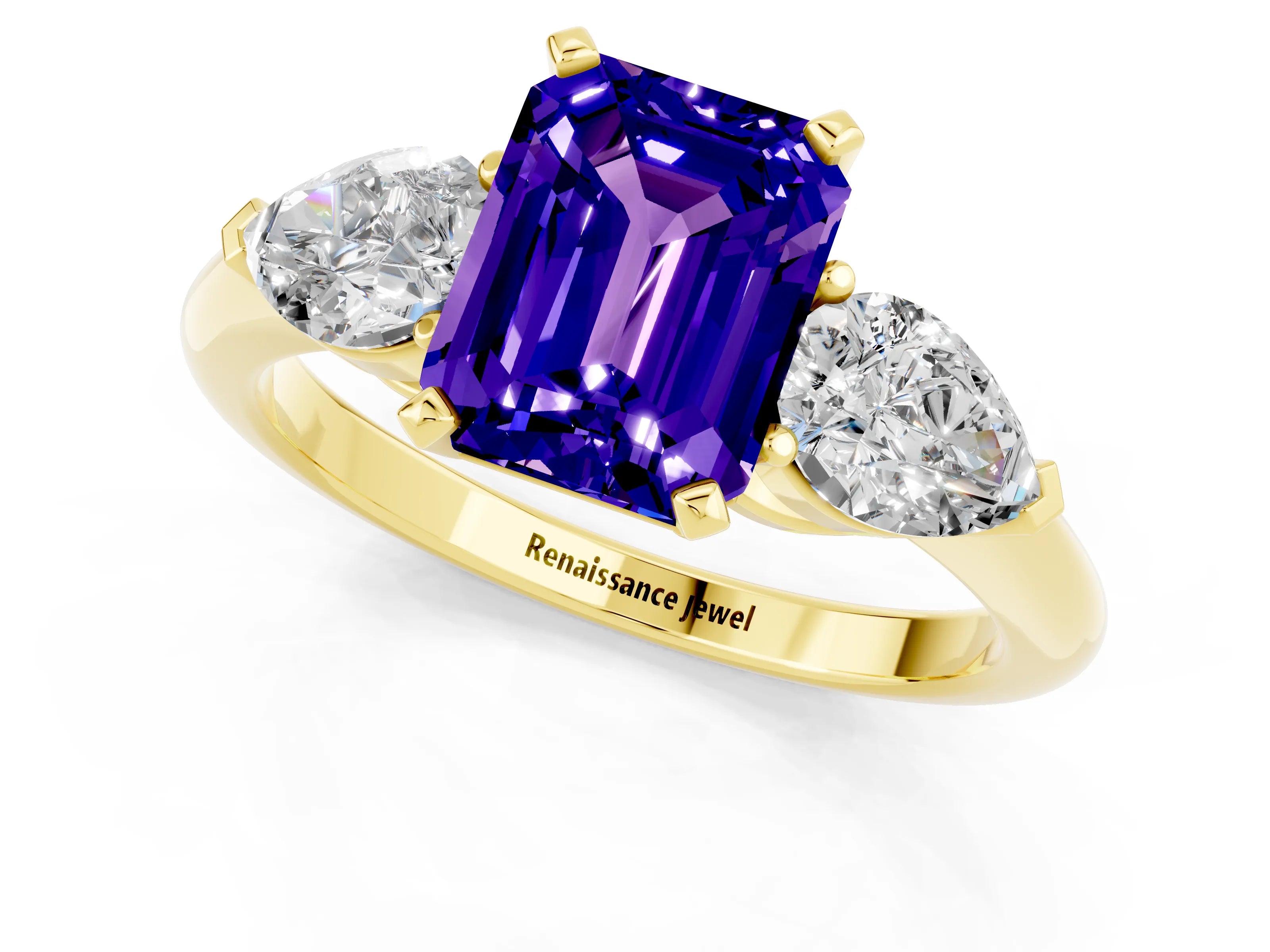 Yellow gold Three-Stone Emerald Cut Tanzanite Ring with Pear Side Stones and Four-Prong Setting_1
