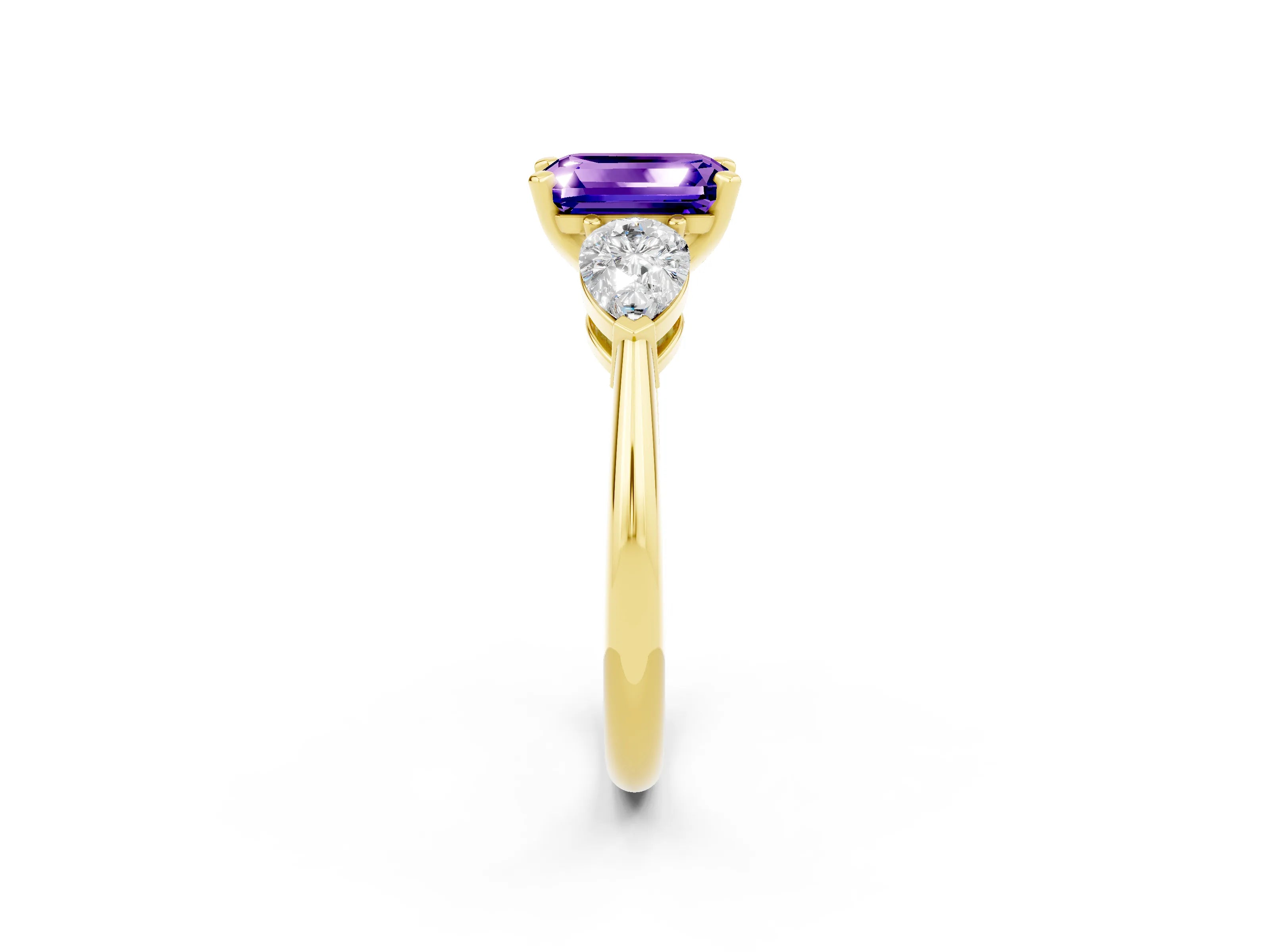 Yellow gold Three-Stone Emerald Cut Tanzanite Ring with Pear Side Stones and Four-Prong Setting_2