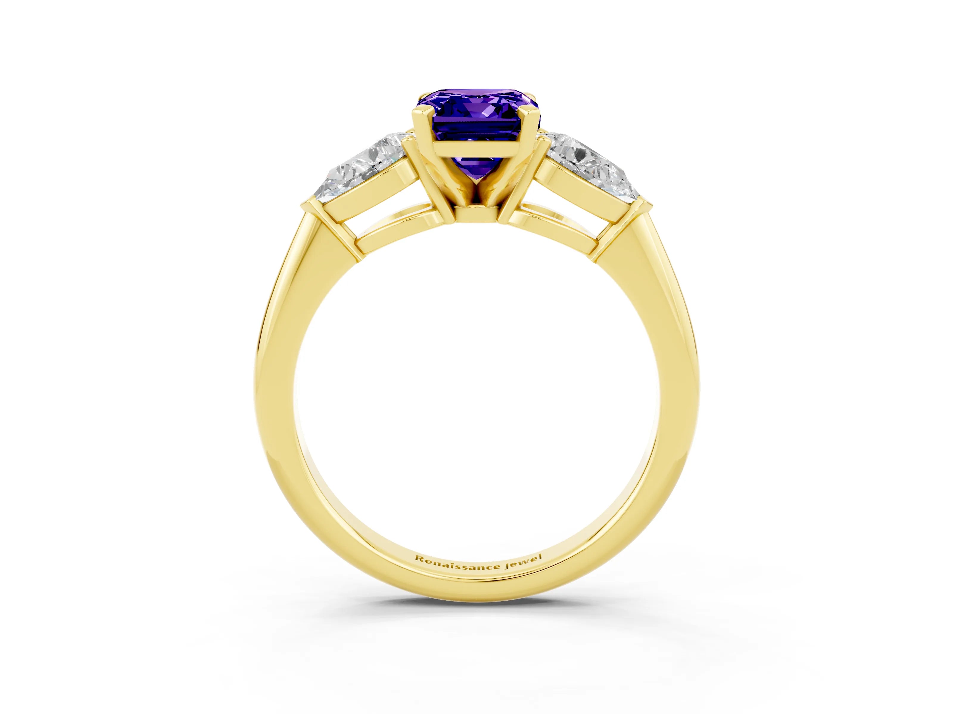 Yellow gold Three-Stone Emerald Cut Tanzanite Ring with Pear Side Stones and Four-Prong Setting_3