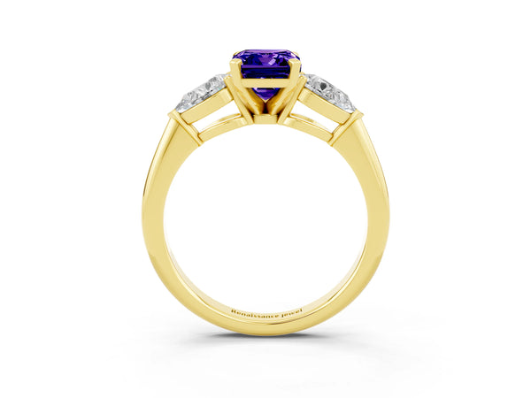 Yellow gold Three-Stone Emerald Cut Tanzanite Ring with Pear Side Stones and Four-Prong Setting