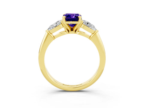 Yellow gold Three-Stone Emerald Cut Tanzanite Ring with Pear Side Stones and Four-Prong Setting_3