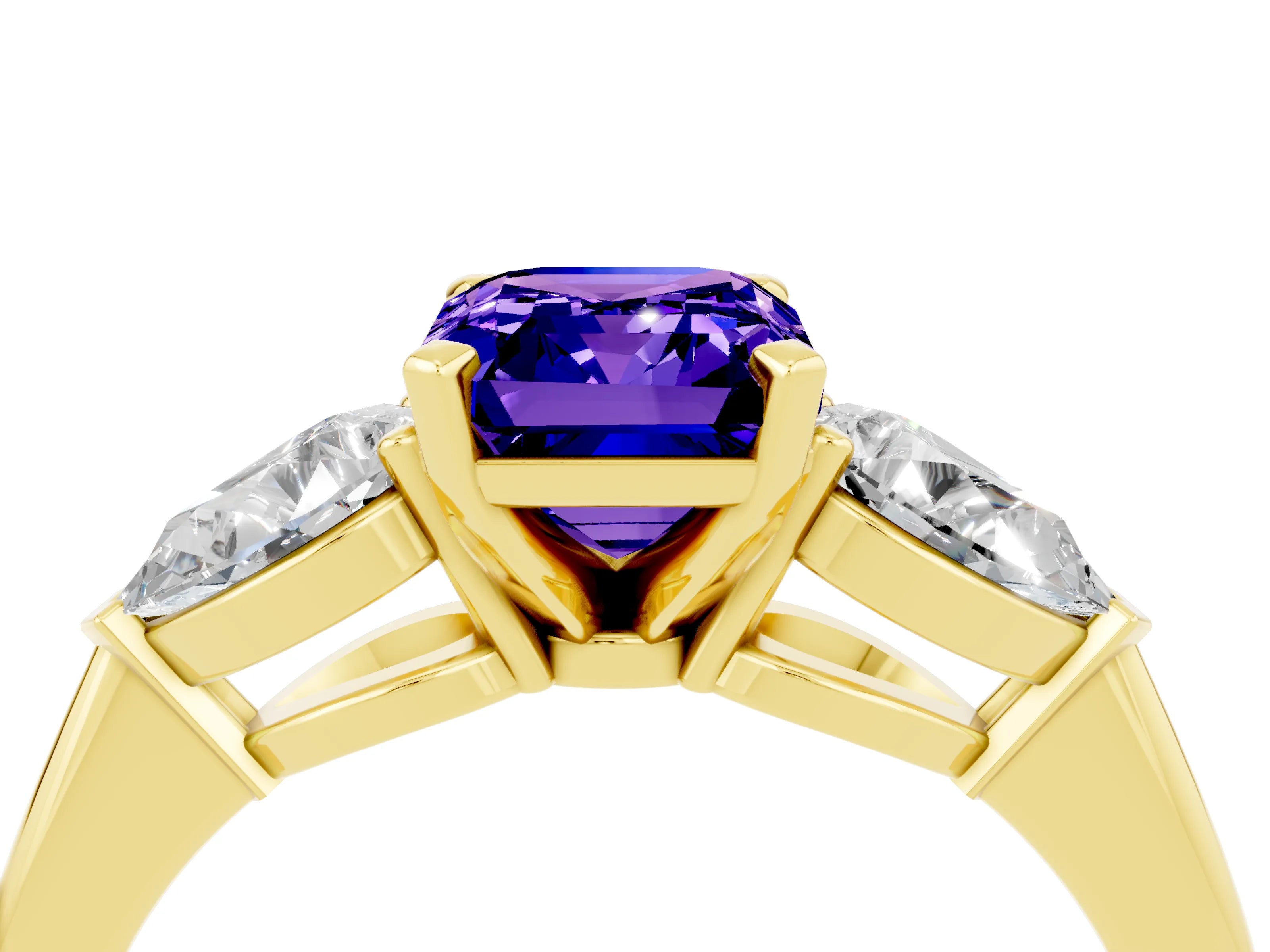 Yellow gold Three-Stone Emerald Cut Tanzanite Ring with Pear Side Stones and Four-Prong Setting_4