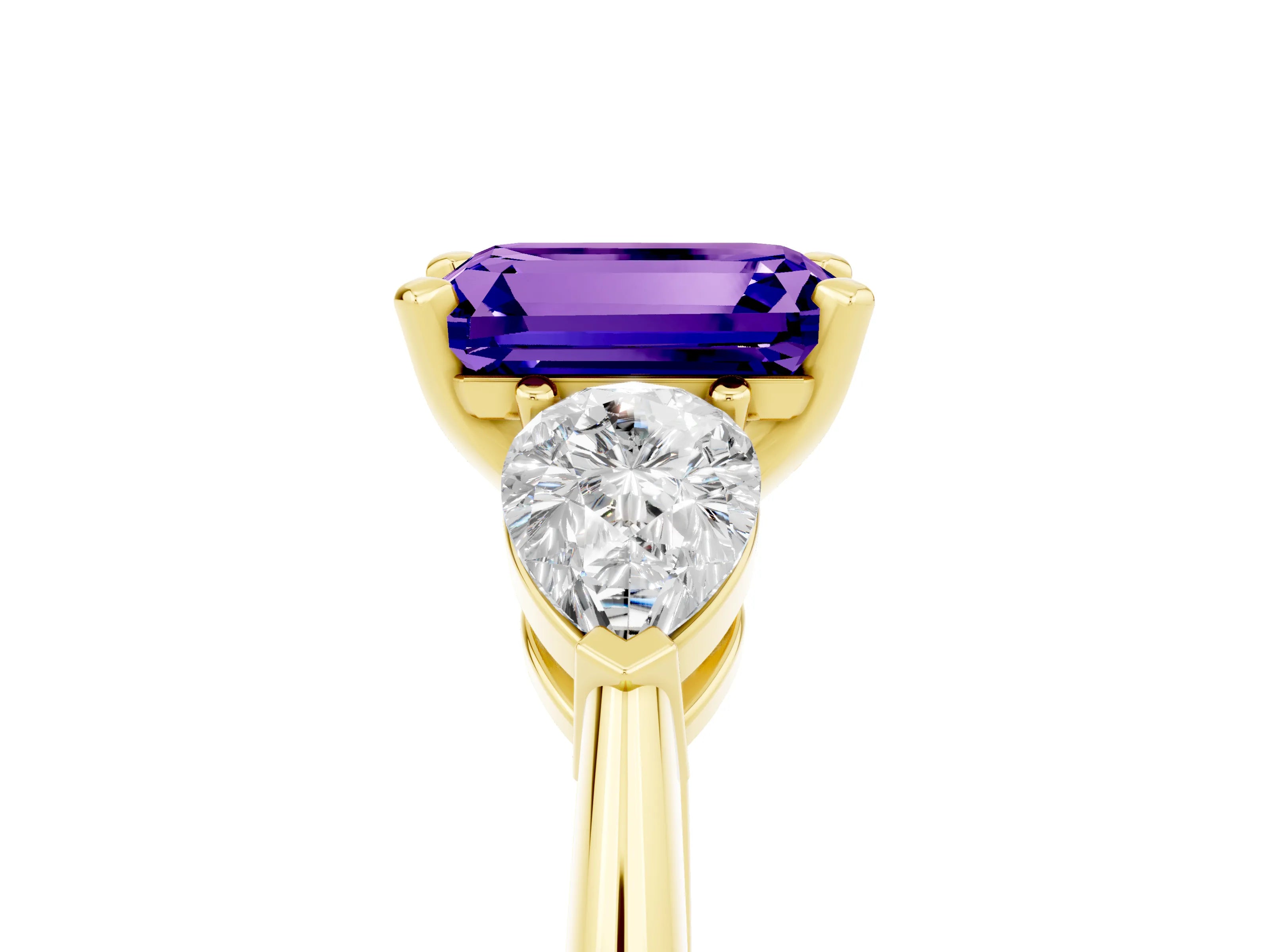 Yellow gold Three-Stone Emerald Cut Tanzanite Ring with Pear Side Stones and Four-Prong Setting_5