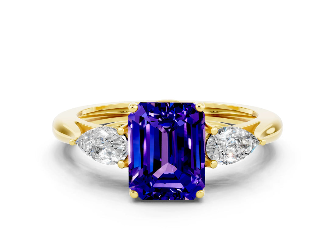 Yellow gold Three-Stone Emerald Cut Tanzanite Ring with Pear  Side Stones in Four-Prong Setting_12