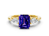 Yellow gold Three-Stone Emerald Cut Tanzanite Ring with Pear  Side Stones in Four-Prong Setting_12