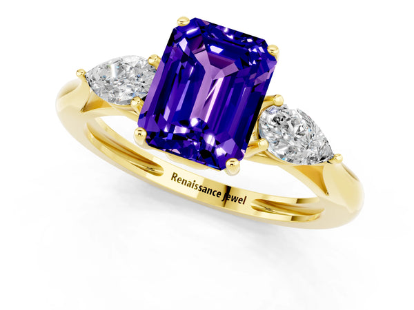 Yellow gold Three-Stone Emerald Cut Tanzanite Ring with Pear  Side Stones in Four-Prong Setting