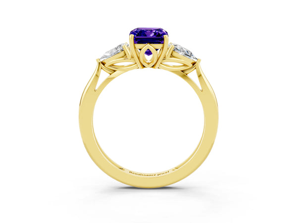 Yellow gold Three-Stone Emerald Cut Tanzanite Ring with Pear  Side Stones in Four-Prong Setting