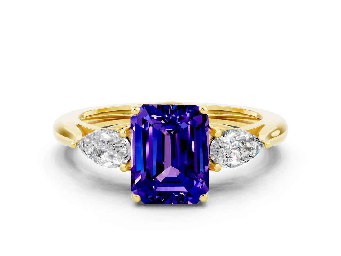 Yellow gold Three-Stone Emerald Cut Tanzanite Ring with Pear  Side Stones in Four-Prong Setting_36