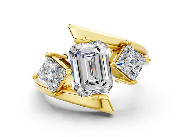 Yellow gold Three-Stone Emerald Cut Tension Band Ring with Four-Prong Setting