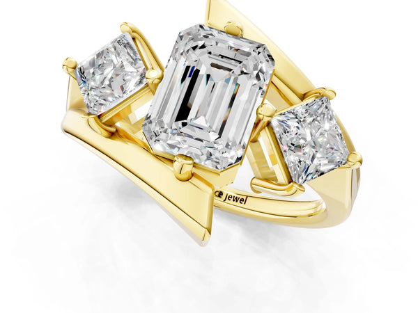 Yellow gold Three-Stone Emerald Cut Tension Band Ring with Four-Prong Setting