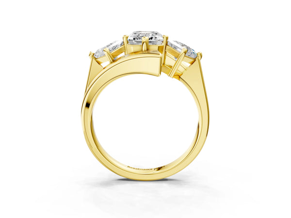 Yellow gold Three-Stone Emerald Cut Tension Band Ring with Four-Prong Setting