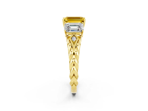 Yellow gold Three-Stone Emerald Cut Yellow Sapphire Braided Band Ring with Four-Prong Setting