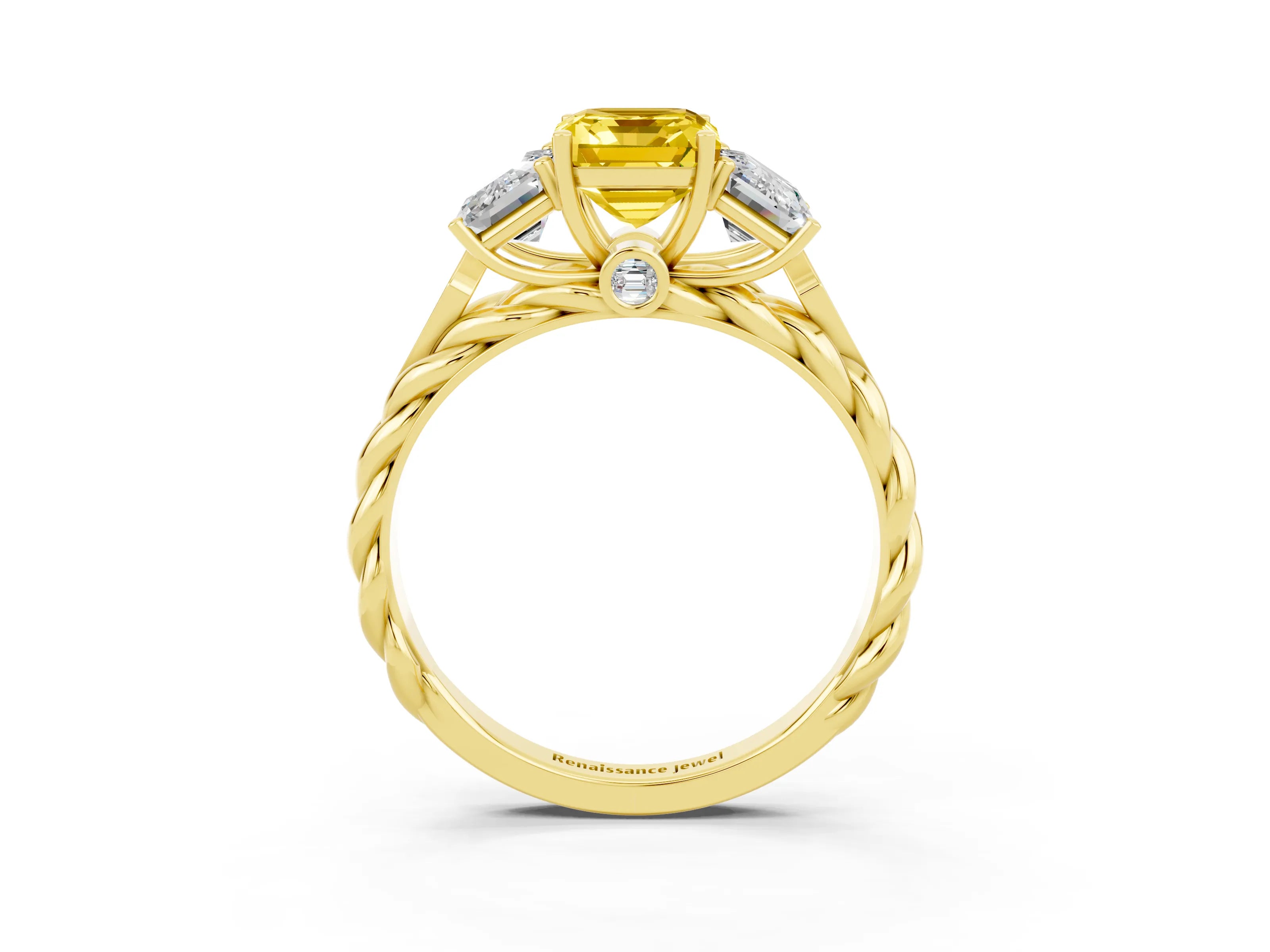 Yellow gold Three-Stone Emerald Cut Yellow Sapphire Braided Band Ring with Four-Prong Setting_63