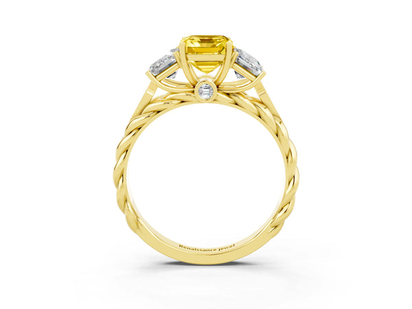 Yellow gold Three-Stone Emerald Cut Yellow Sapphire Braided Band Ring with Four-Prong Setting