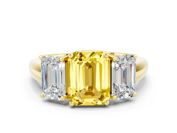 Yellow gold Three-Stone Emerald Cut Yellow Sapphire Engagement Ring with Prong Setting