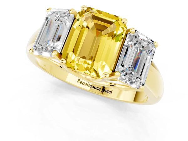 Yellow gold Three-Stone Emerald Cut Yellow Sapphire Engagement Ring with Prong Setting