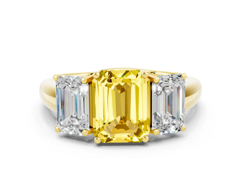 Yellow gold Three-Stone Emerald Cut Yellow Sapphire Engagement Ring with Prong Setting