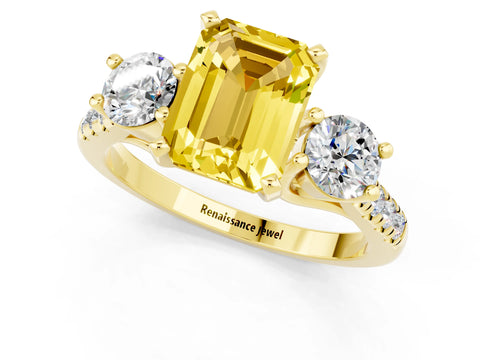 Yellow gold Three-Stone Emerald Cut Yellow Sapphire Pavé Band with Four-Prong Setting_25