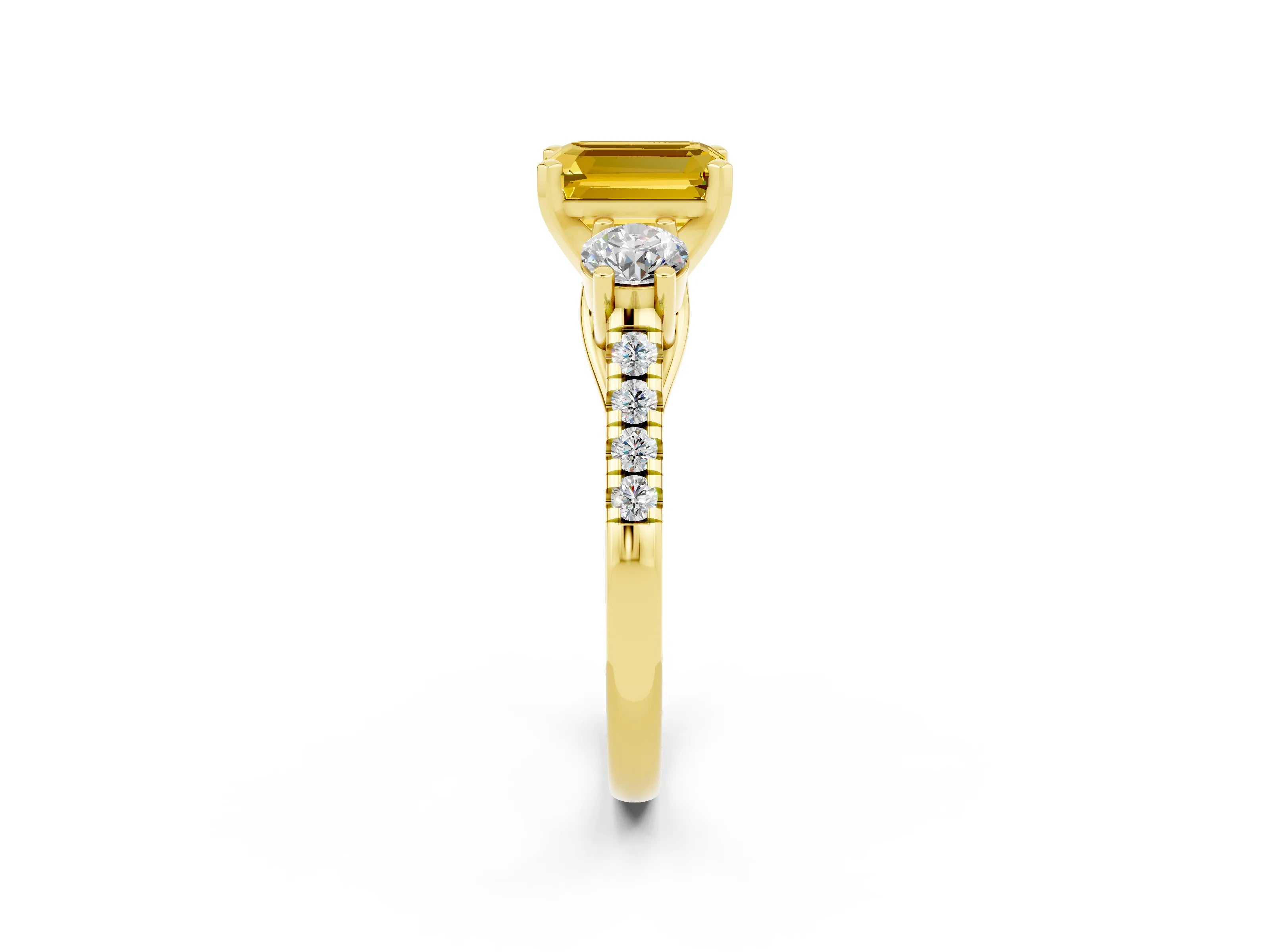 Yellow gold Three-Stone Emerald Cut Yellow Sapphire Pavé Band with Four-Prong Setting_26