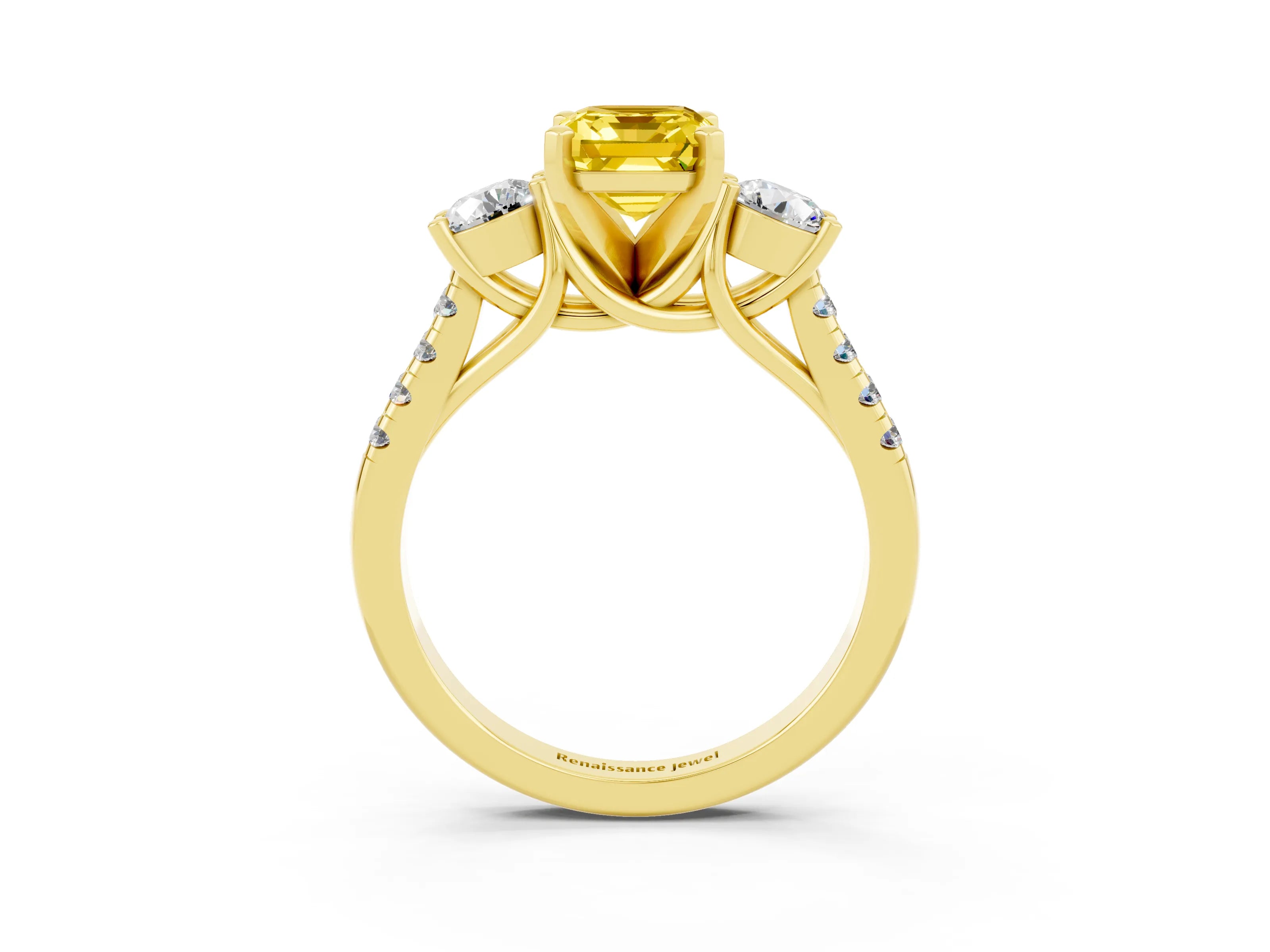 Yellow gold Three-Stone Emerald Cut Yellow Sapphire Pavé Band with Four-Prong Setting_27
