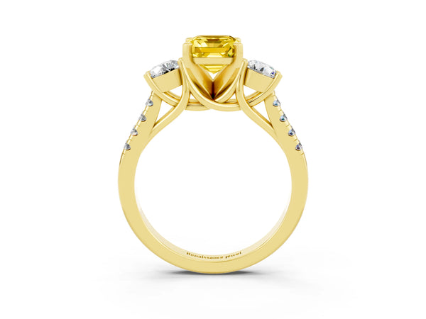 Yellow gold Three-Stone Emerald Cut Yellow Sapphire Pavé Band with Four-Prong Setting