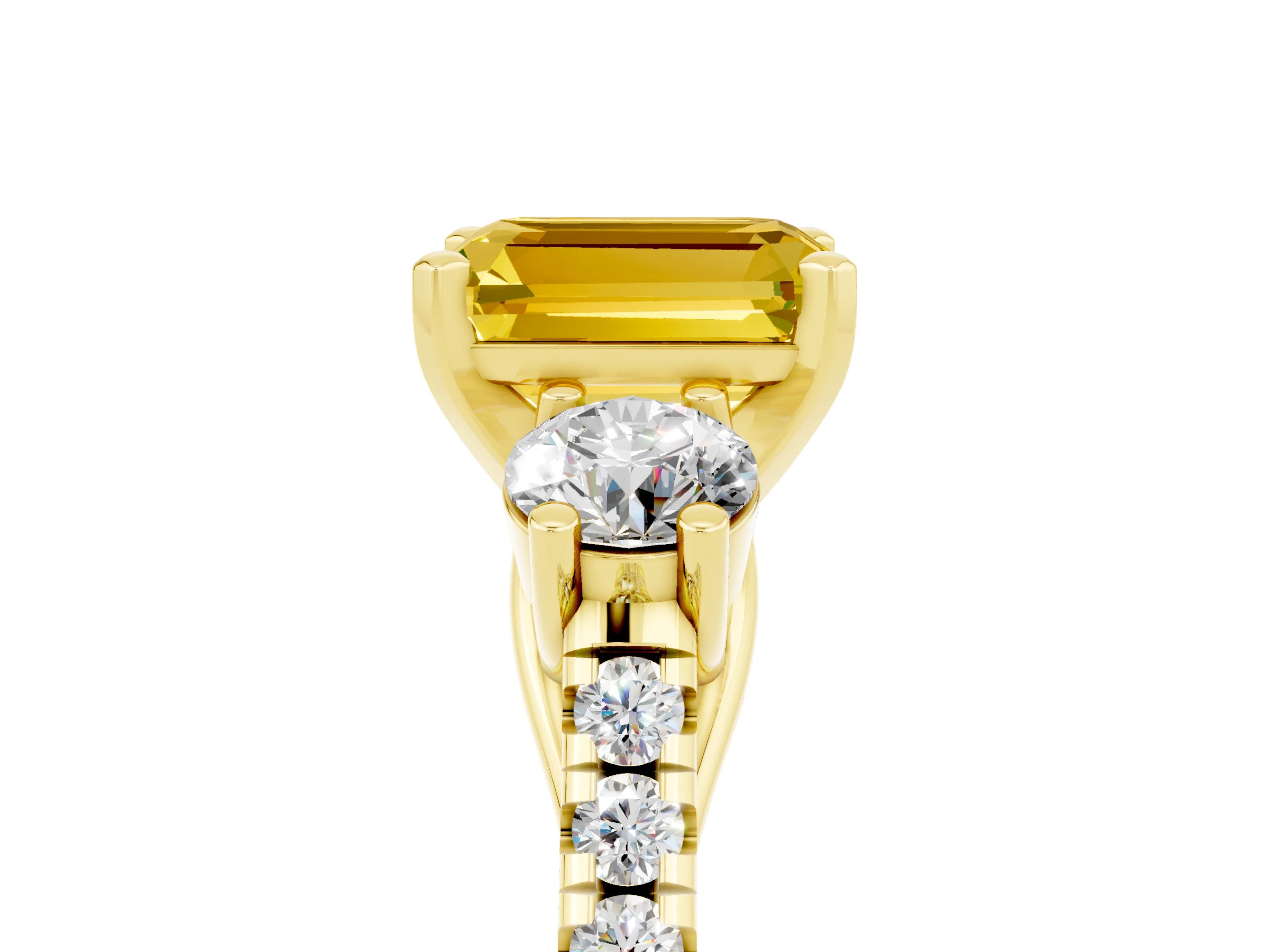 Yellow gold Three-Stone Emerald Cut Yellow Sapphire Pavé Band with Four-Prong Setting_29