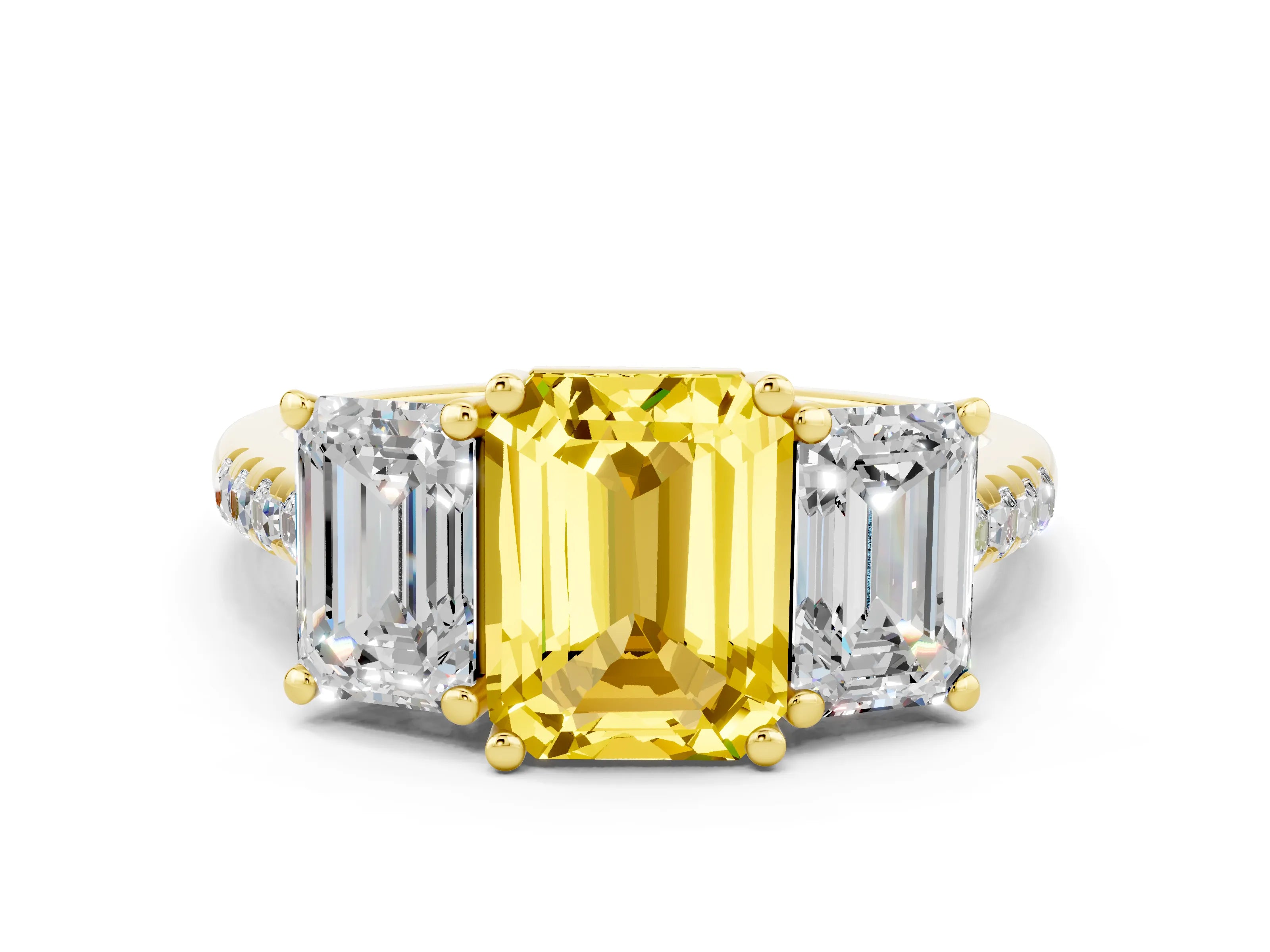 Yellow gold Three-Stone Emerald Cut Yellow Sapphire Ring with Pavé Band and Prong Setting_36