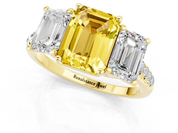 Yellow gold Three-Stone Emerald Cut Yellow Sapphire Ring with Round  Pavé Band and Prong Setting