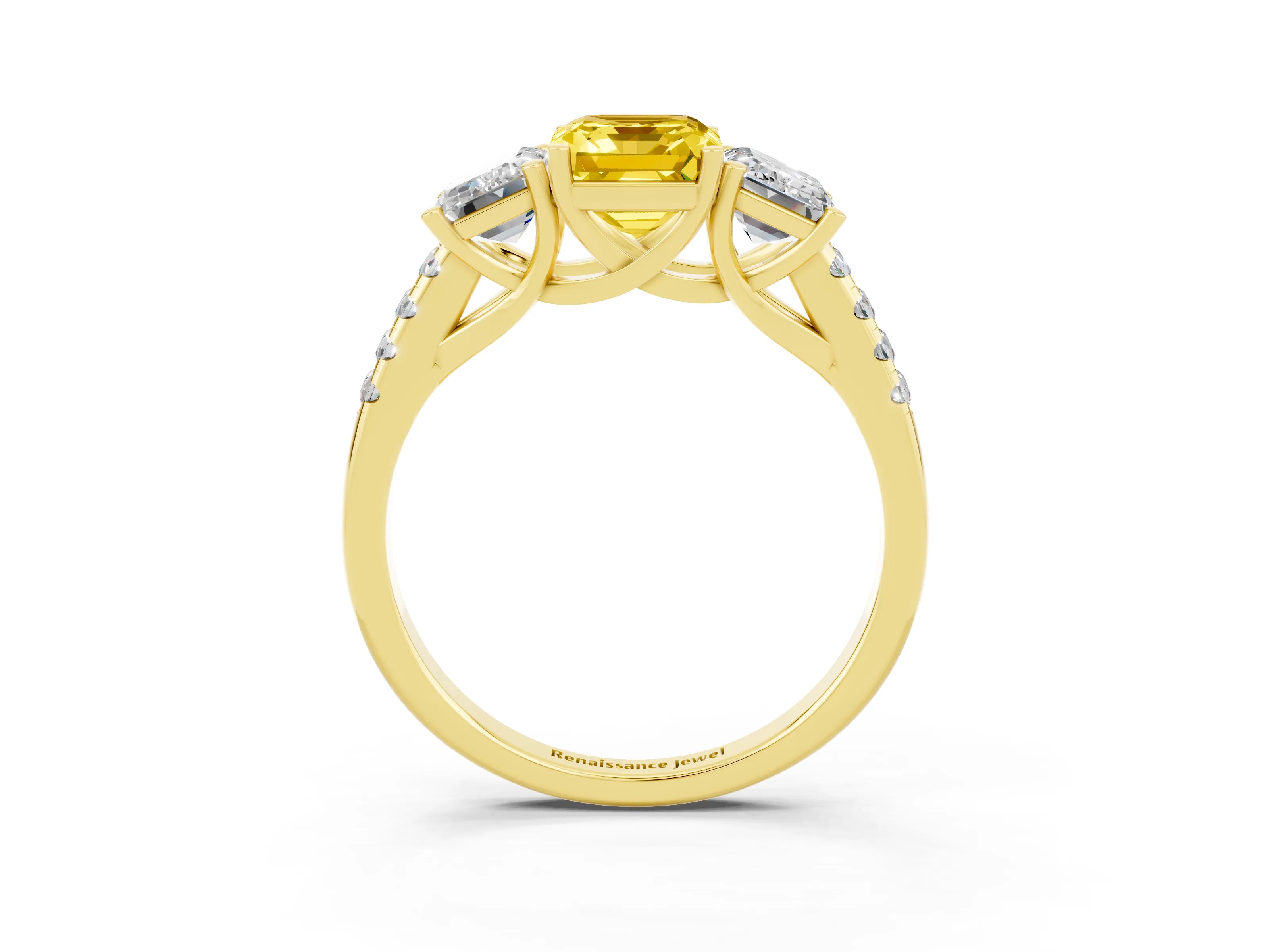 Yellow gold Three-Stone Emerald Cut Yellow Sapphire Ring with Pavé Band and Prong Setting_39
