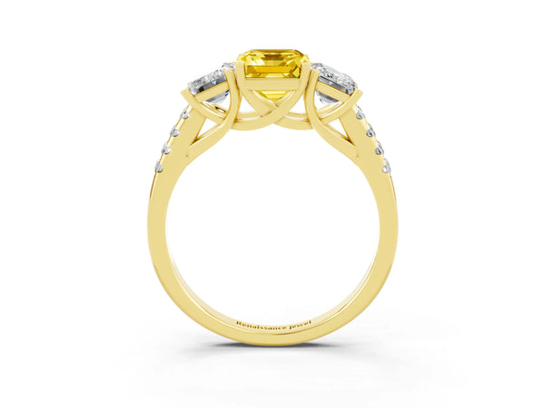 Yellow gold Three-Stone Emerald Cut Yellow Sapphire Ring with Round  Pavé Band and Prong Setting