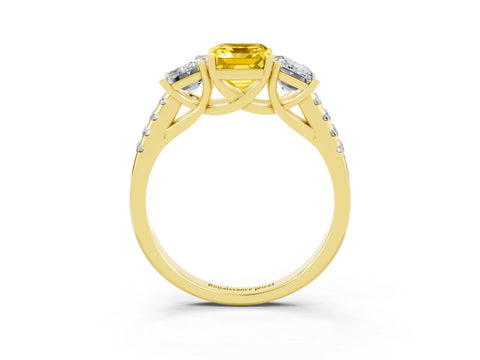Yellow gold Three-Stone Emerald Cut Yellow Sapphire Ring with Pavé Band and Prong Setting_39