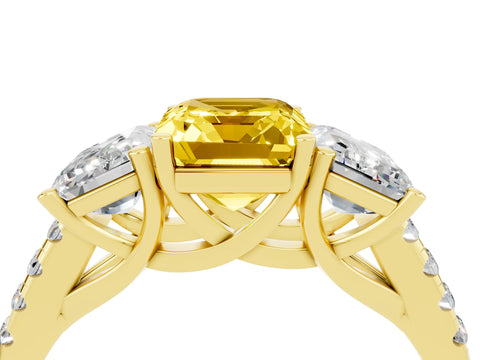 Yellow gold Three-Stone Emerald Cut Yellow Sapphire Ring with Pavé Band and Prong Setting_40