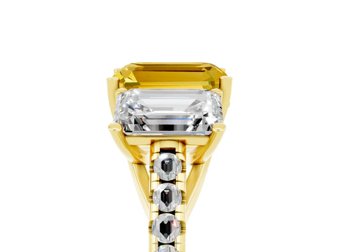 Yellow gold Three-Stone Emerald Cut Yellow Sapphire Ring with Pavé Band and Prong Setting_41