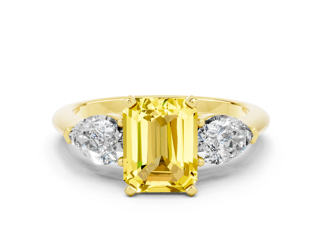Yellow gold Three-Stone Emerald Cut Yellow Sapphire Ring with Pear Side Stones and Four-Prong Setting_24