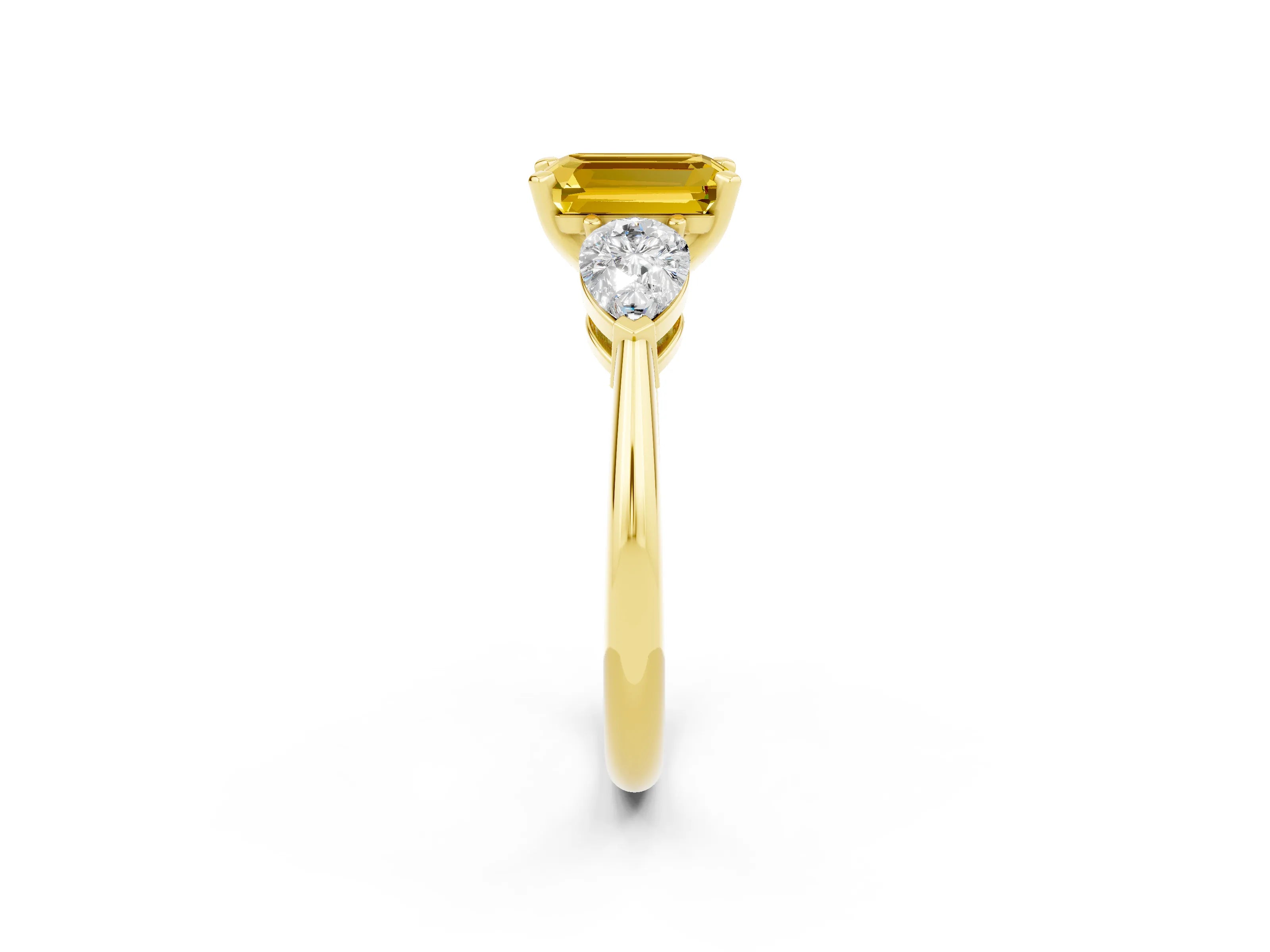 Yellow gold Three-Stone Emerald Cut Yellow Sapphire Ring with Pear Side Stones and Four-Prong Setting_26