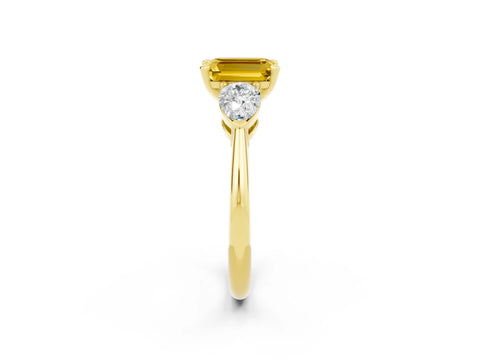 Yellow gold Three-Stone Emerald Cut Yellow Sapphire Ring with Pear Side Stones and Four-Prong Setting_26