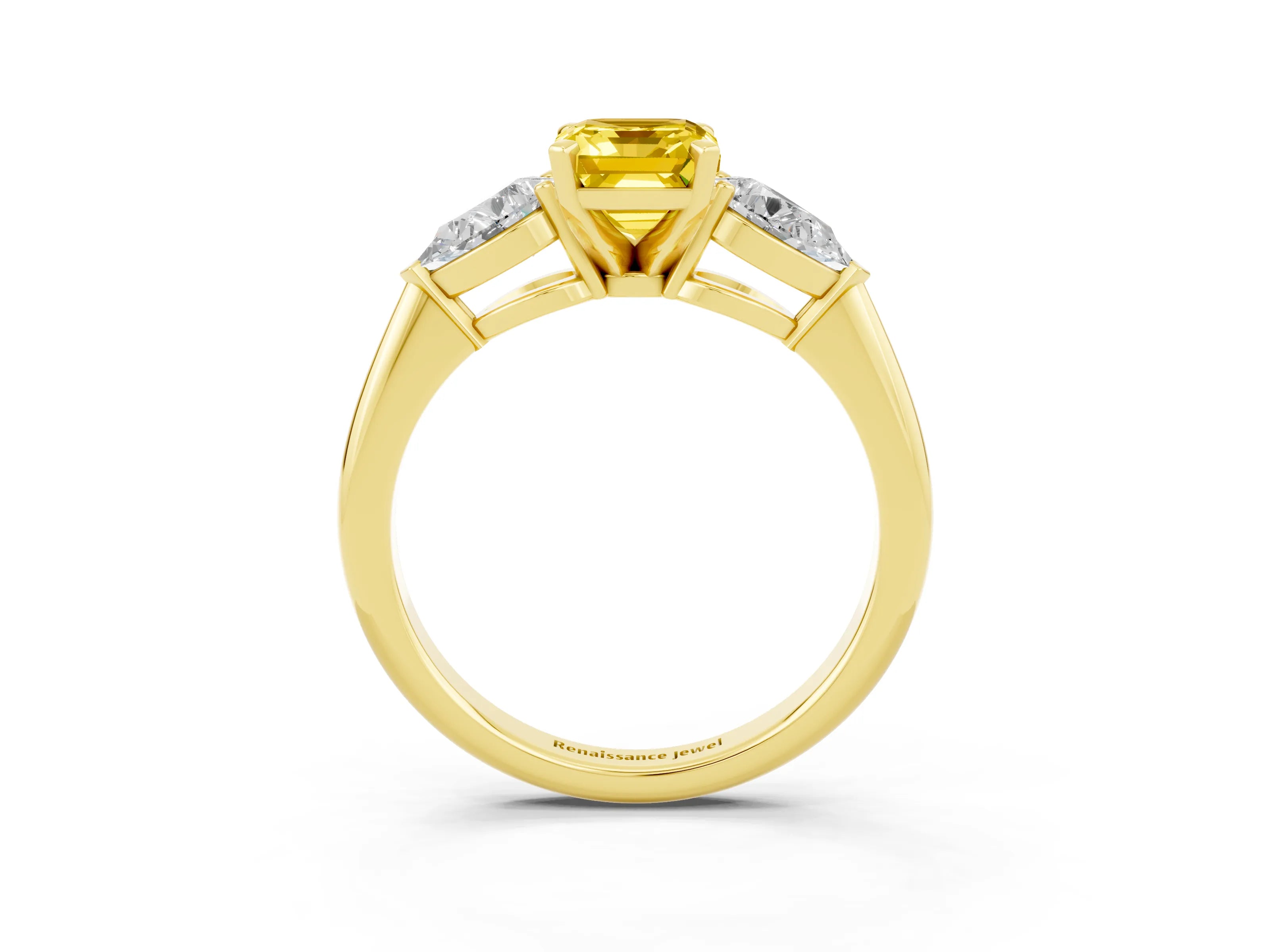 Yellow gold Three-Stone Emerald Cut Yellow Sapphire Ring with Pear Side Stones and Four-Prong Setting_27