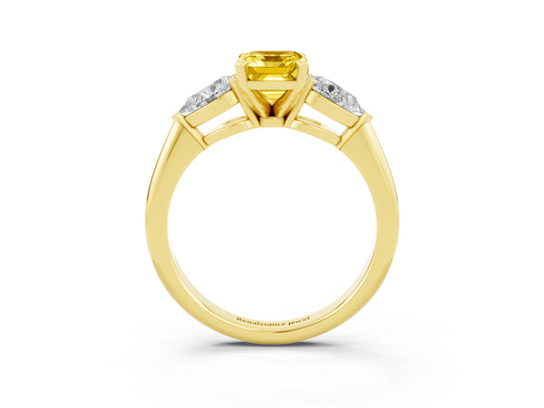Yellow gold Three-Stone Emerald Cut Yellow Sapphire Ring with Pear Side Stones and Four-Prong Setting