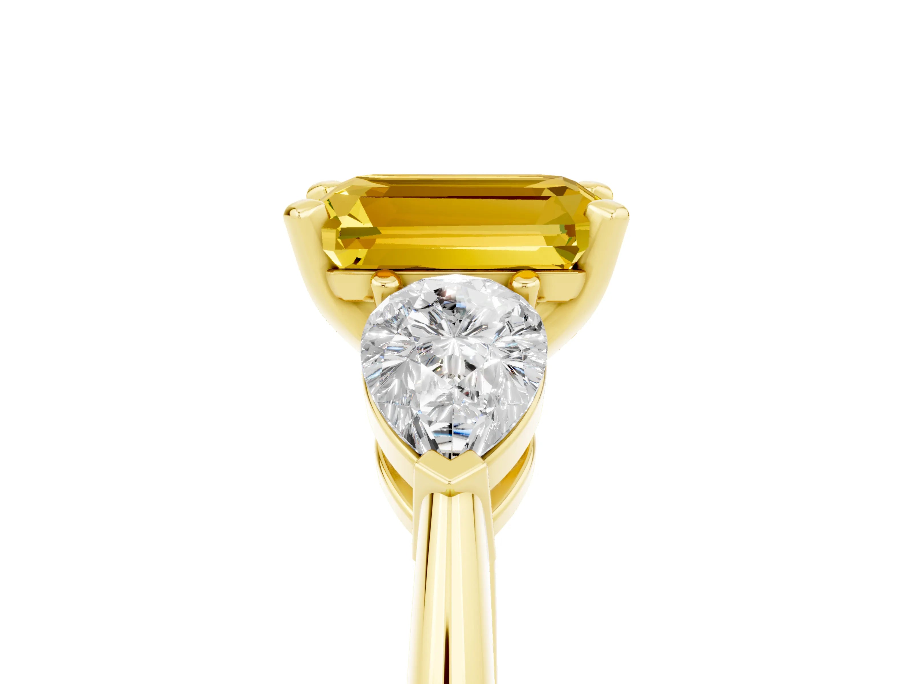 Yellow gold Three-Stone Emerald Cut Yellow Sapphire Ring with Pear Side Stones and Four-Prong Setting_29