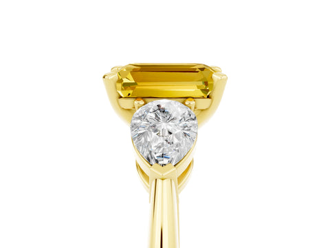 Yellow gold Three-Stone Emerald Cut Yellow Sapphire Ring with Pear Side Stones and Four-Prong Setting_29