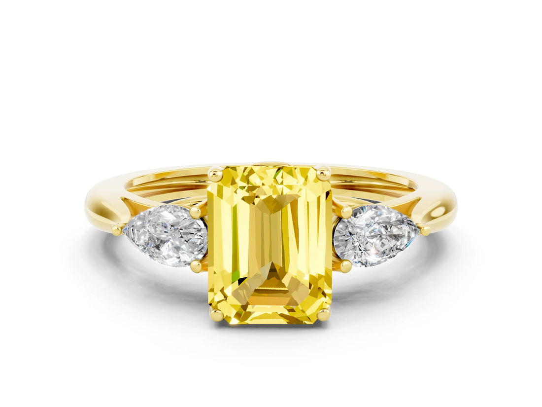 Yellow gold Three-Stone Emerald Cut Yellow Sapphire Ring with Pear  Side Stones in Four-Prong Setting_12