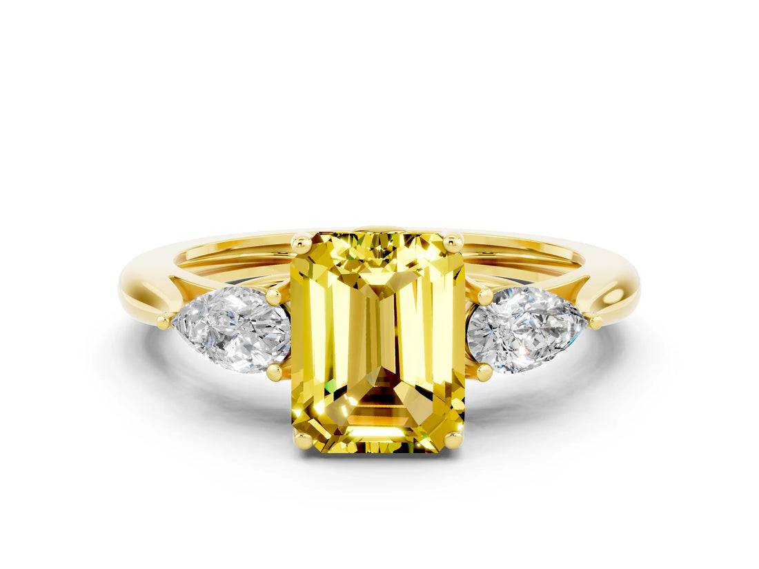 Yellow gold Three-Stone Emerald Cut Yellow Sapphire Ring with Pear  Side Stones in Four-Prong Setting_36