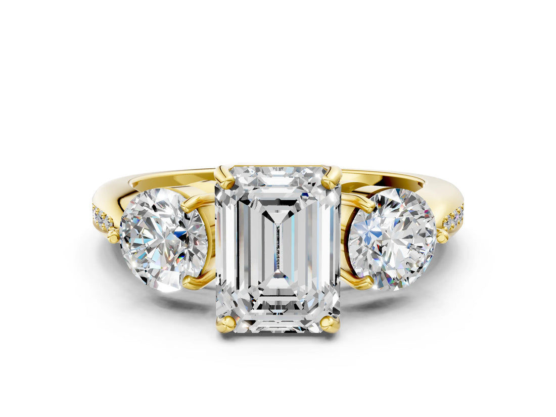 Yellow gold Three-Stone Emerald Diamond Channel Set Engagement Ring with Prong Setting_15