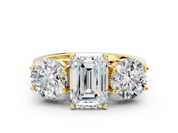 Yellow gold Three-Stone Emerald Diamond Engagement Ring with Prong Setting on a Classic Band