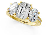 Yellow gold Three-Stone Emerald Diamond Milgrain Pave Band with Prong Setting 1