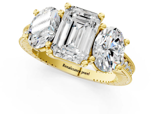 Yellow gold Three-Stone Emerald Diamond Milgrain Pave Band with Prong Setting
